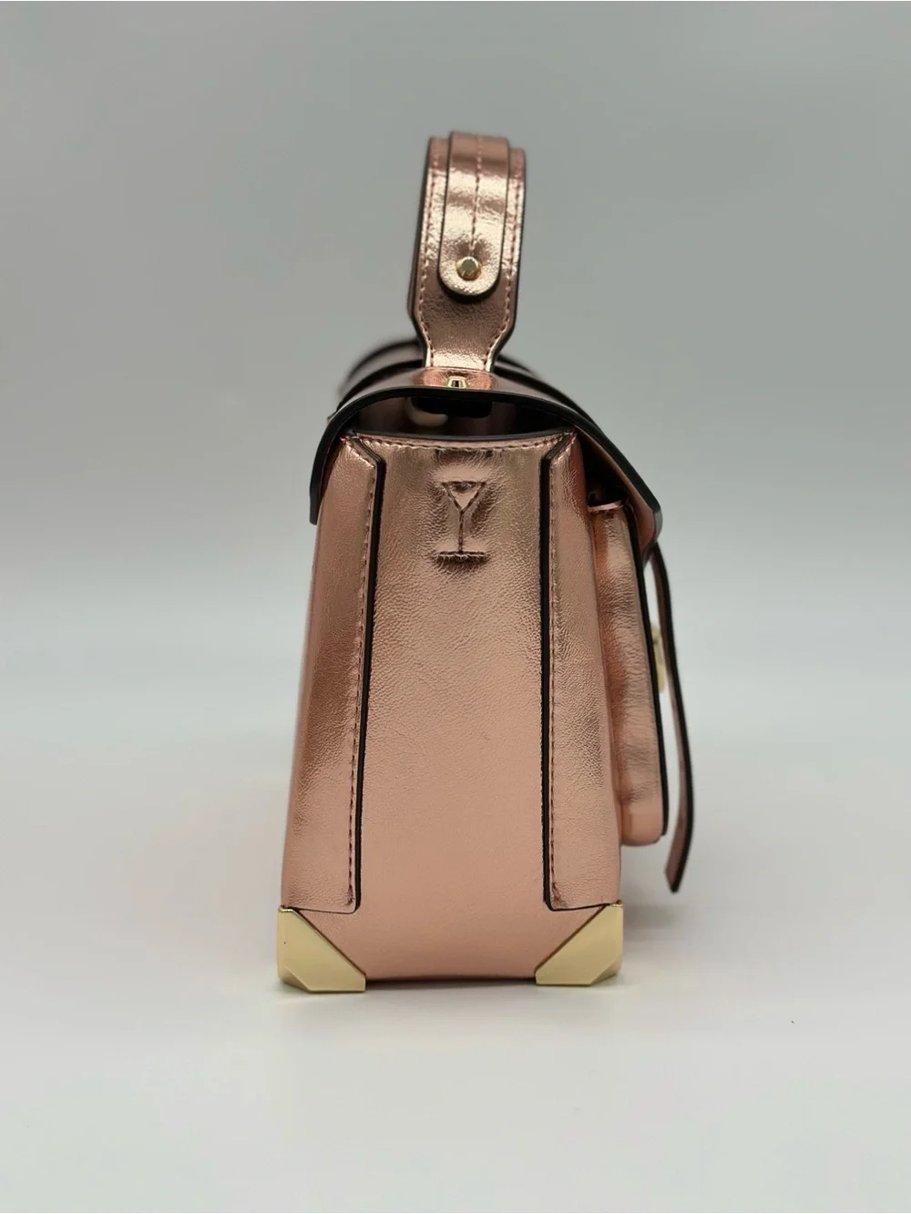 Metallic Rose Gold Structured Satchel Handbag